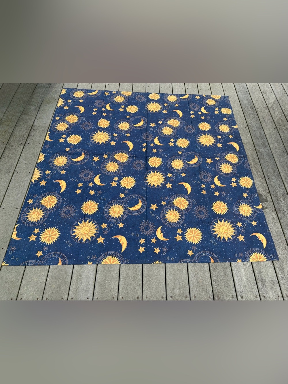 Vintage 90s Celestial Shower Bath Curtain Blue Gold Sun Moon Star Y2K Whimsigoth